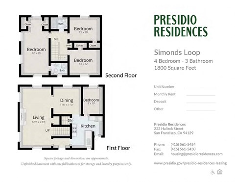 Floor plan for 4 beds, 3 baths, 1800 sqft
